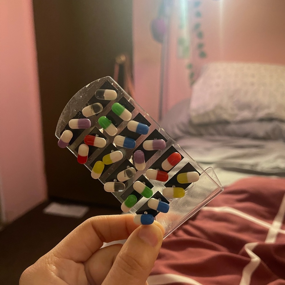 2 pharmacy pill earrings ! clear & yellow